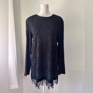 Vintage ‘90s Melissa Black Fringe Hem Long Sleeve Mini Shift Dress